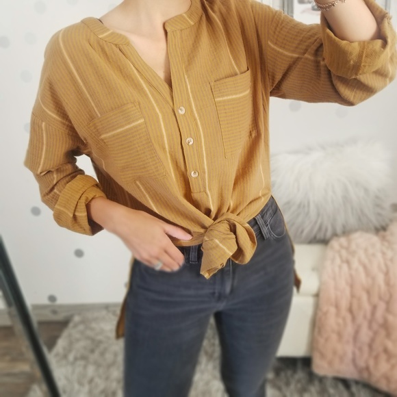 Fall Mustard Stripe Tunic Shirt Leggings Button Up Top Women’s Long Tops - Picture 7 of 8